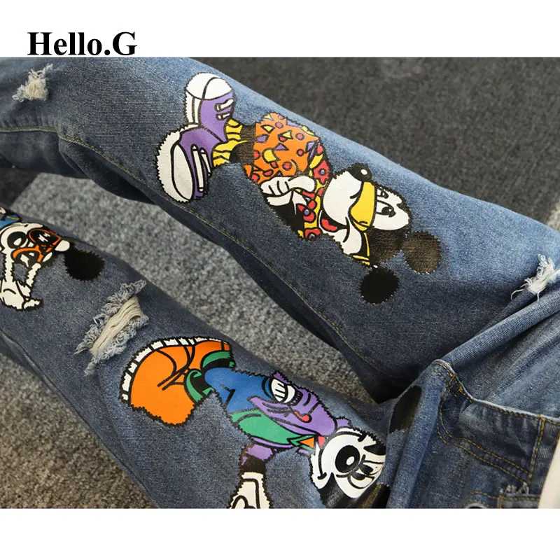 2017 рваные джинсы с мультяшным принтом для девочек Свободные повседневные