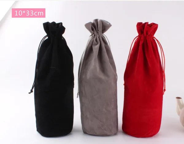 High Quality Black/Red/Gray 10x33cm Cylindrical Round Bottom Velvet Pouch Big Drawstring Gift Bag Wine Bottle Packaging Bags | Украшения и