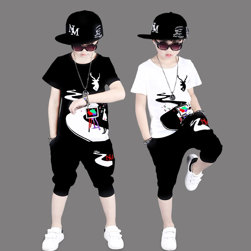 

Hip Hop Boys Summer Clothes 2021 New Kids Short-Sleeved T-shirt + Harem Pants 2 Pcs Set Children Print Active Clothing Suit X394