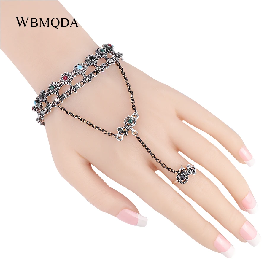 

Wbmqda Indian Jewelry Set Bracelet link Ring For Women Silver Color Mosaic Resin Crystal Vintage Jewelry Wholesale