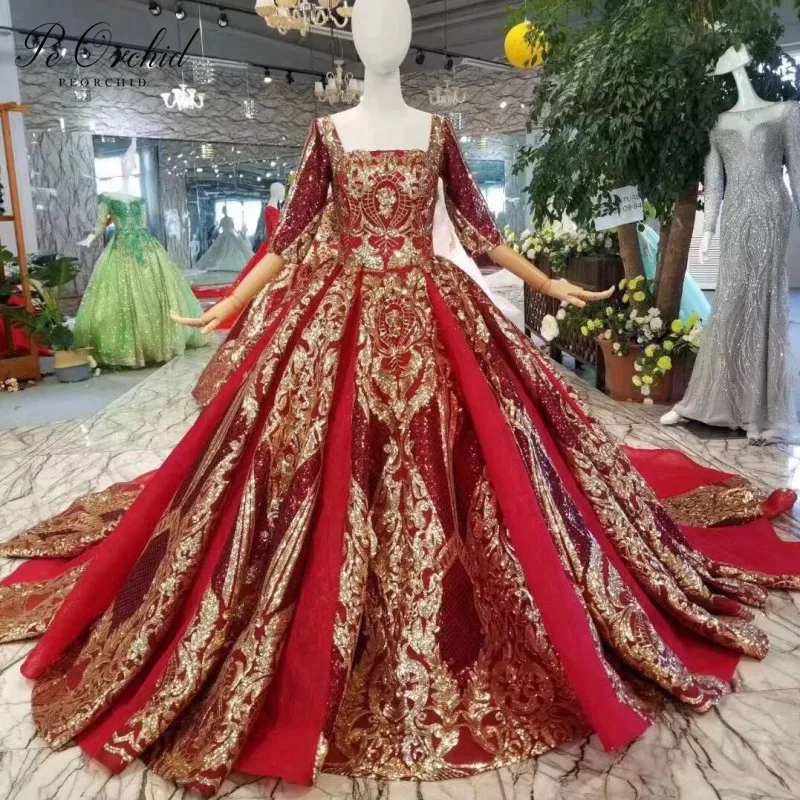 Роскошное вечернее платье PEORCHID Dubai с золотыми пайетками и рукавами 2019 открытой
