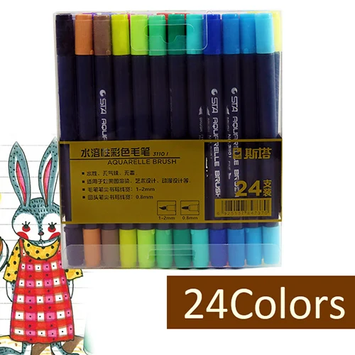 24 Colors STA 12/24/36/48/80 Цвета Двойные наконечники акварель кисти маркер для белой доски, набор с тонко пишущие наконечник для рисования дизайн художественный маркер для поставки - Цвет: 24 Colors