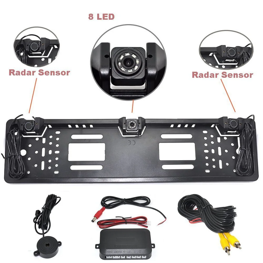 

1 Car Rear View Camera + 2 Parking Sensor + 1 European License Plate Frame Auto Back Rear View Camera in License Plate Frame