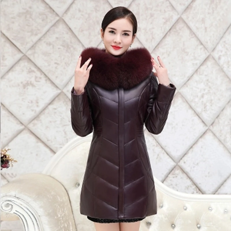Высокое качество 2018 новый зимний Для женщин кожа пуховик длинные тонкий мех лисы