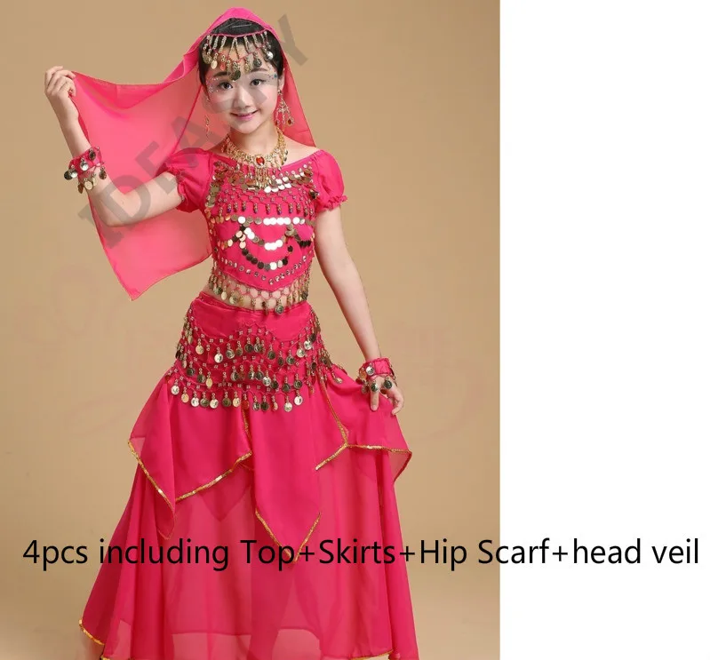 Hot pink 4pcs Индийский танец живота Болливуд танцевальные костюмы для детей набор профессиональных детей девочек Восточный Танец Топ юбка хип шарф - Цвет: Hot pink 4pcs