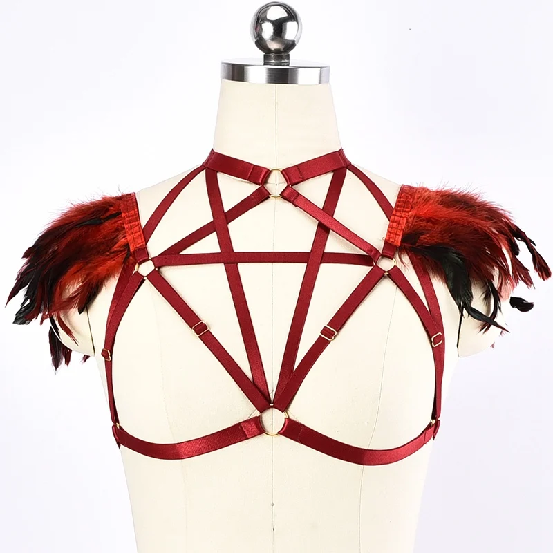 

PENTAGRAM HARNESS Very Beautiful Red Feather Epaulette Body Harness High Quality Sexy Lingerie Pastel Goth Cage Bra Body Belt