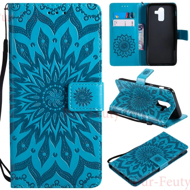 Blue case Чехол для samsung Galaxy J8 J810 J810F/DS кожаный флип-чехол с принтом бумажник J 8 SM-J810F/DS SM-J810 SM-J810G смартфона - Цвет: Blue case