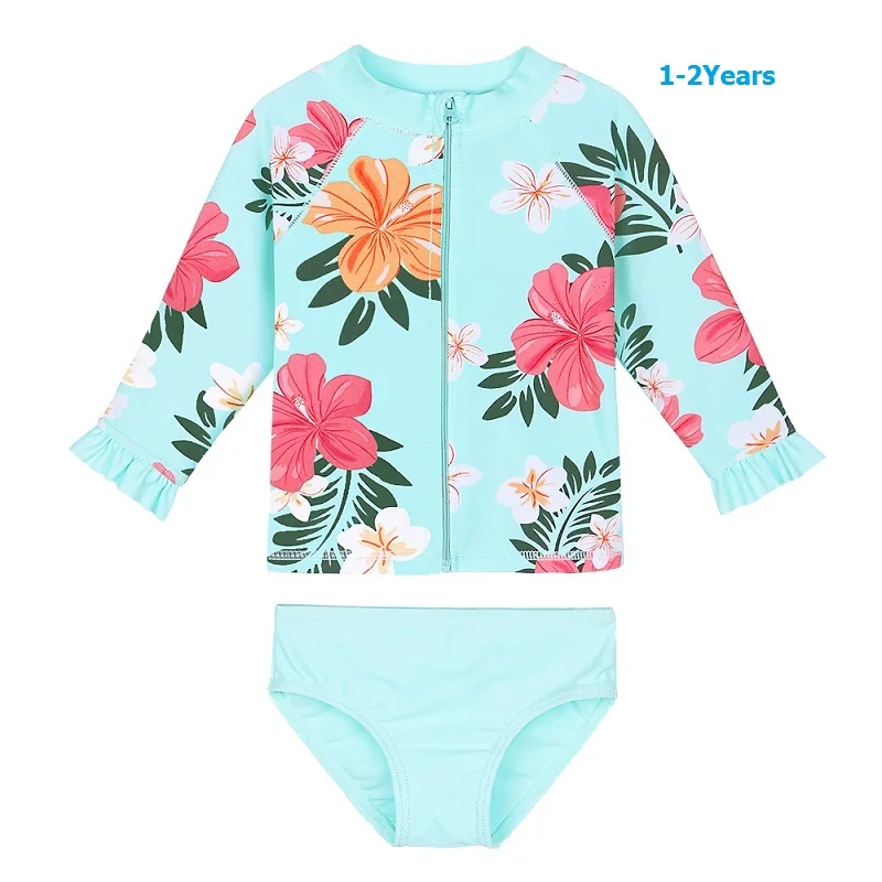 S307 cyan flower 2A BAOHULU/детские купальные костюмы с длинными рукавами и цветочным рисунком для девочек UPF50+ детские купальные костюмы для маленьких девочек - Цвет: S307 cyan flower 2A