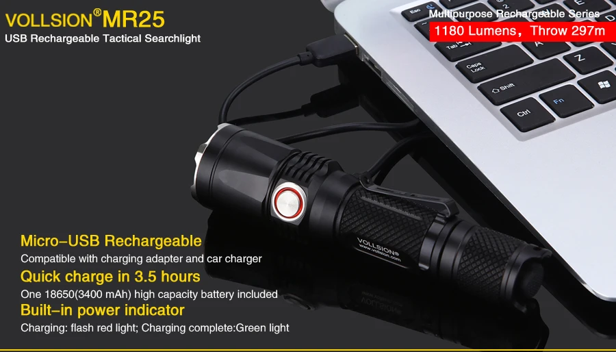 VOLLSION MR25 1*18650/2*16340/2 * CR123A USB Перезаряжаемый и разряжаемый тактический фонарик из