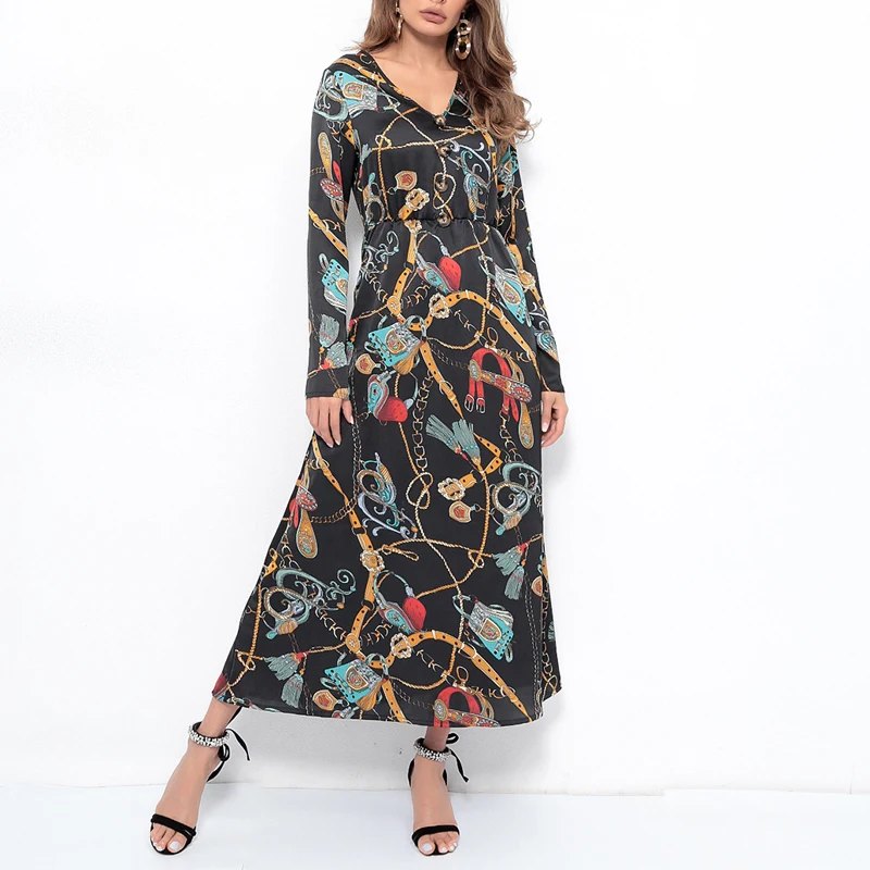 Повседневное женское длинное платье с цепочкой вечернее v образным вырезом и