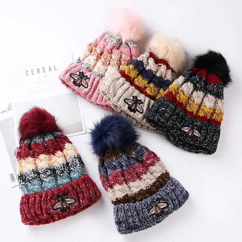 Мультфильм шаблон Skullies Для женщин помпоном двойная бархат вязаный шерстяной