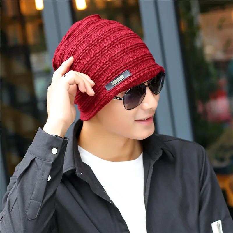 

Korean knitted warm cap men's horizontal stripes hat Skullies & Beanies