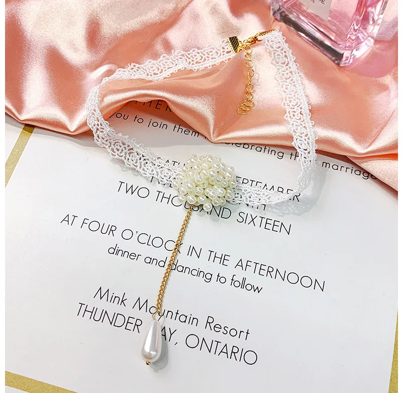 DoreenBeads Romantic Handmade Chocker Necklace White Lace Rope Limited Pearl Beads Tassel Hot Jewelry For Women Gift,1 PC