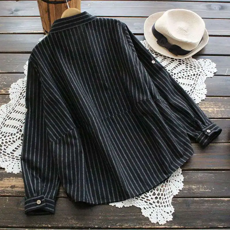 Mferlier Women Autumn Striped Shirt Turn Down Collar Adjustable Long Sleeve Splice Side Button Ladies Casual Blouse |