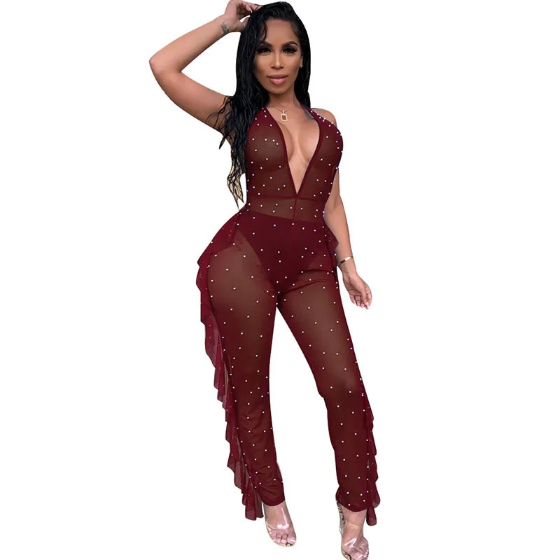 Сексуальный сетчатый комбинезон с жемчужинами и бисером женский глубоким v