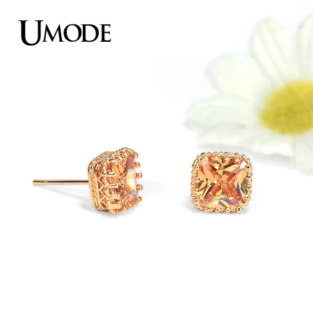 UMODE Серьги-гвоздики с квадратным фианитом класса ААА+ цвета шампанского 1см, лучшее предложение для женщин UE0094