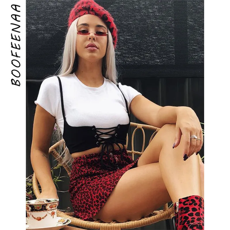 BOOFEENAA пояса Лоскутная белая футболка женская летняя 2019 повседневная сексуальная