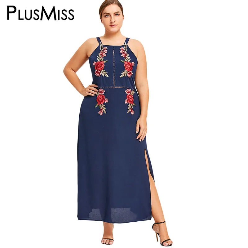 Plusmiss плюс Размеры 5xl цветочные Вышитые Бохо пляжное платье на бретелях Для женщин