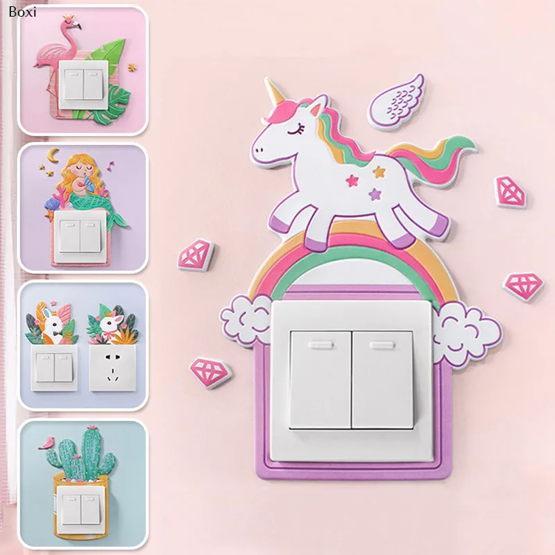 

Boxi Cute Animal Unicorn Flamingo Light Switch Sticker 3D Cartoon Wall Sticker Room Decoration Luminous Switch Outlet Sticker