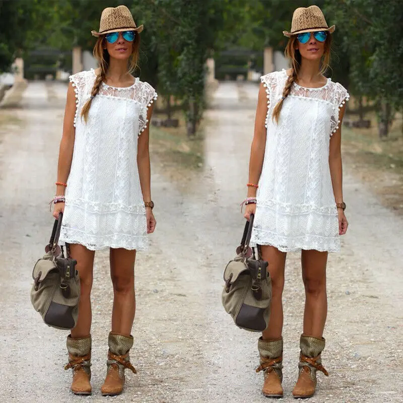Boho Women O Neck White Lace Mini Short Dress Womens Fashion Sleeveless Tassel Dresses | Женская одежда