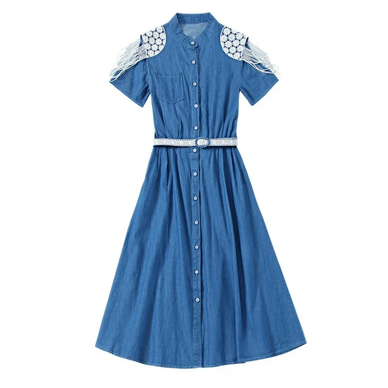 

Sexy Off The Shoulder Hollow Out Stand Collar Womens Denim Dresses Single Breasted Sashes Slim Knee Length Big Hem A-Line Dress