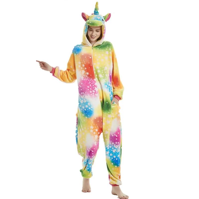 Colorful starunicoen Мультяшное кигуруми, Женские пижамы Единорог, фланелевые комплекты пижам женские зимние пижамы Взрослые пижама комплект унисекс из фланели Взрослые пижама в виде животных единорог пижамы - Цвет: Colorful starunicoen