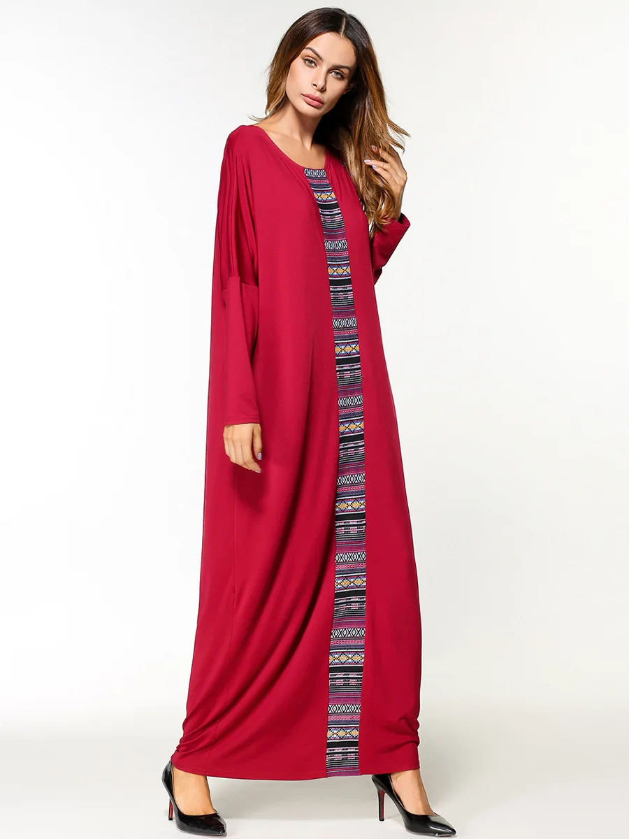 Muslim Abaya Red Cotton Embroidery Maxi Long Dress Dolman Sleeved Patchwork Kimono Jubah Robe Arab Islamic Clothing Full Length |