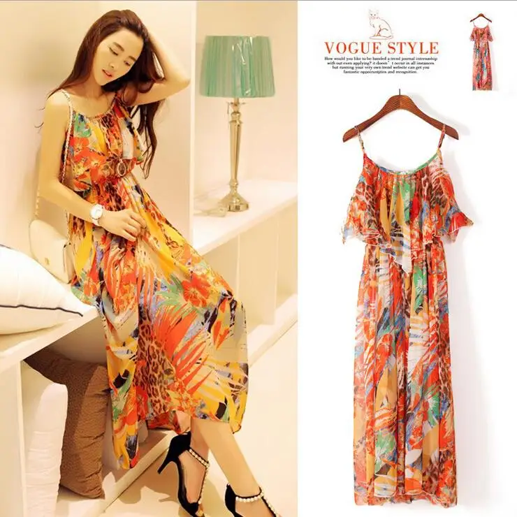 Новая мода 2018 лето и осень богемное платье шифон печати без рукавов Длинные