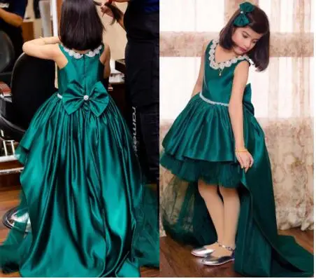 

Green Satin Flower Girl Dress Jewel Crystals V-neck Pageant Gown Junior Kid Birthday Party Gown