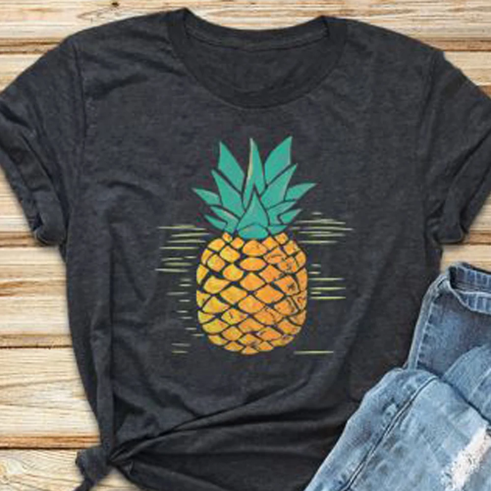 2019 Новая Мода Темно-серый Женщины С Коротким Рукавом Футболки Принтом Ананаса