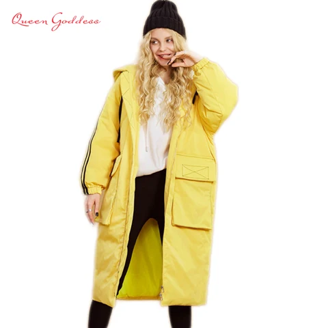 Женская длинная теплая куртка-кокон на утином пуху на осень и зиму, желтого и белого цвета с шапкой, парка размера плюс, спортивная верхняя одежда