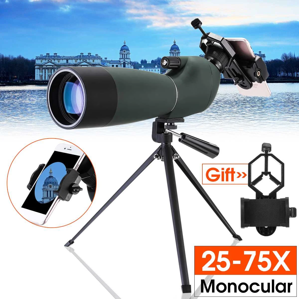 25-75X70 HD водонепроницаемый оптический Монокуляр BAK4 бинокулярный окуляр телескоп ночного видения Зрительная труба w/штатив телефонный адаптер