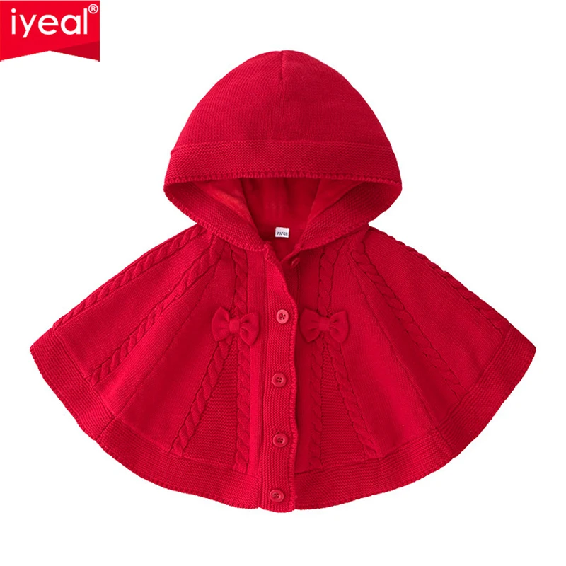 Купи IYEAL Newborn Kids Baby Girl Clothes Cotton Warm Velvet Knitted Sweater Hooded Red Cloak With Bow for Children Toddler Girls за 1,342 рублей в магазине AliExpress