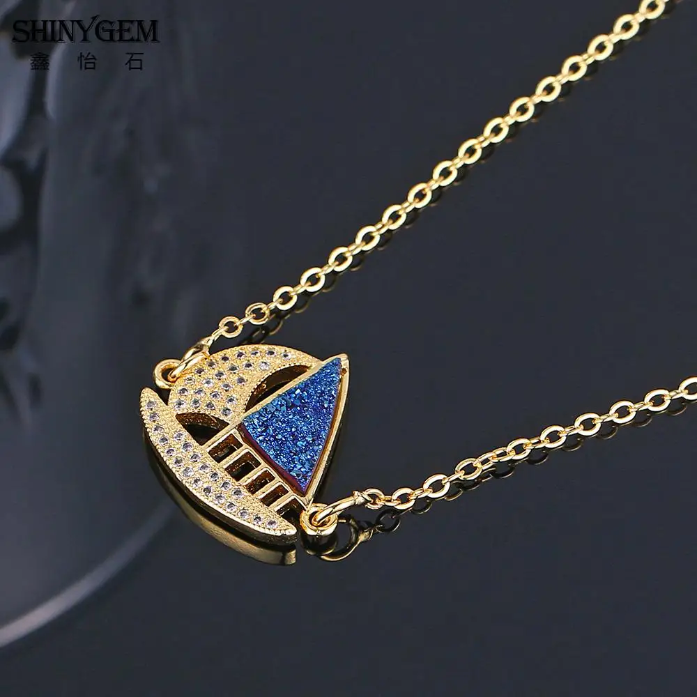 ShinyGem Lucky Sailboat Pendants Necklace AAA White Zircon Natural Crystal Druzy Necklaces Fashion Gold Gifts For Women | Украшения и