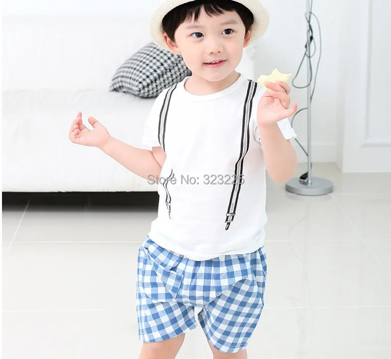 Retail 2014 summer new cotton Boys plaid strap Leisure suit Children's short-sleeved Free shipping | Тематическая одежда и