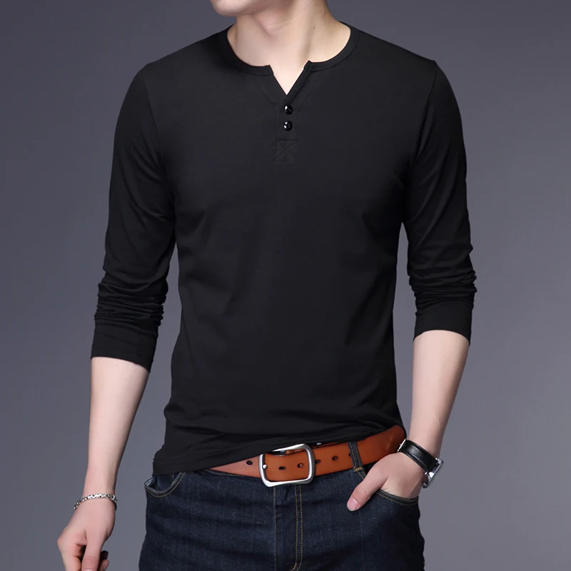 Мужская футболка Новинка весна-осень 2018 с длинным рукавом и воротником Генри