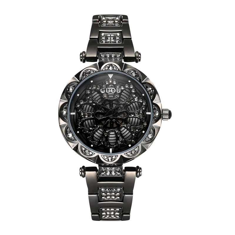 Модные женские Роскошные Часы GUOU с цветком водонепроницаемые Дамские Кварцевые