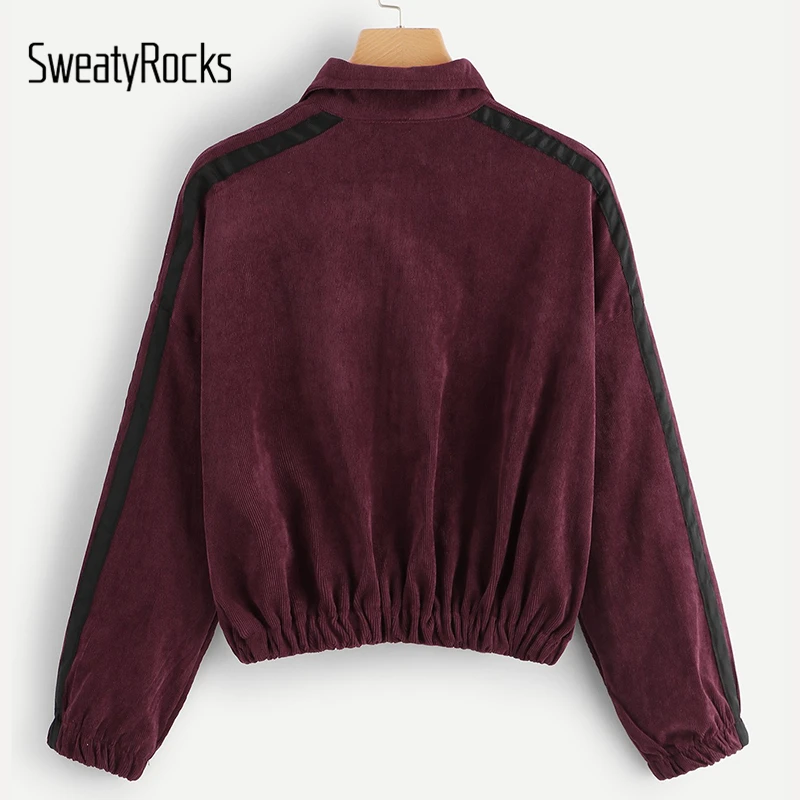SweatyRocks, бордовый вельветовый свитшот на молнии, контрастная лента, воротник-стойка сбоку, осень, повседневные женские топы