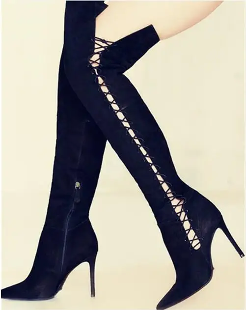 

Spring 2017 Sexy Women Choudory Solid Black Cashmere Gladiator Cuts Out 100 mm Heel Pointed Toe Over The Knee Boots Long Boots