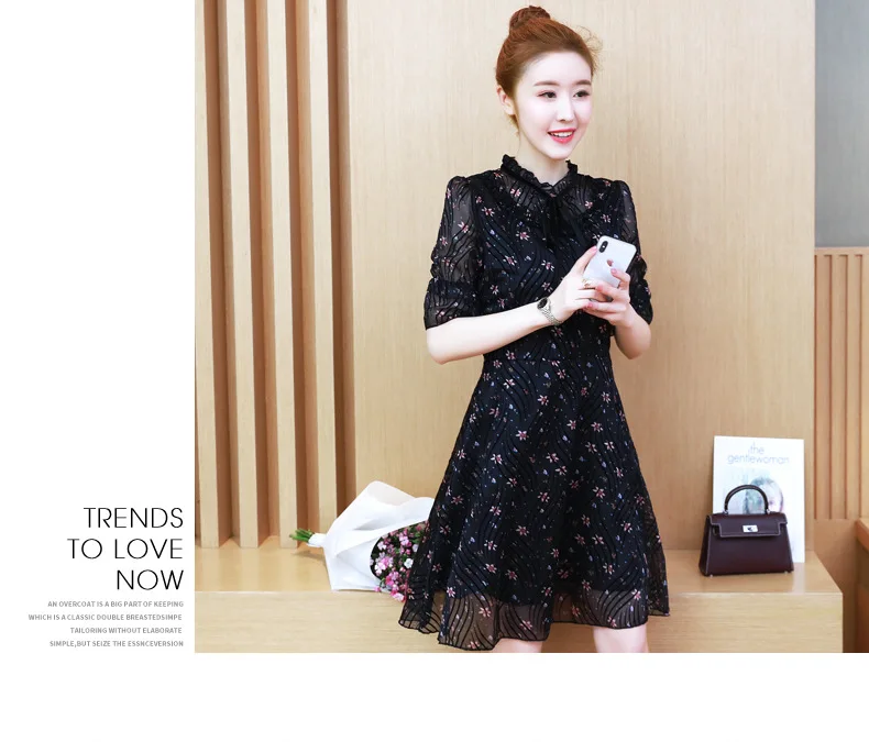 2018Summer Fashion Ladies plus size pinched waist floral chiffon dress stand collar cultivating Casual vestido tunics L-XXXXXL | Женская