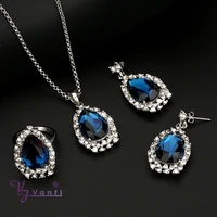 kfvanfi rhinestones silver color jewelry sets water drop blue crystal zinc alloy ring necklace drop earrings jewellery female