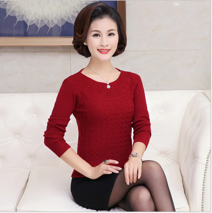 2018 Autumn New Middle-Aged Women Solid Color Pullover Sweater O- Neck Long Sleeve Slim Elasticity Mother Kniting Top T241 | Женская