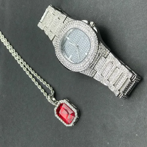 sliver set Роскошные мужские золотые часы в стиле хип-хоп и красный рубин ожерелье комбинированный набор ледяная кубинская цепь кулон набор Bling Rapper хип-хоп ювелирные изделия - Цвет: sliver set