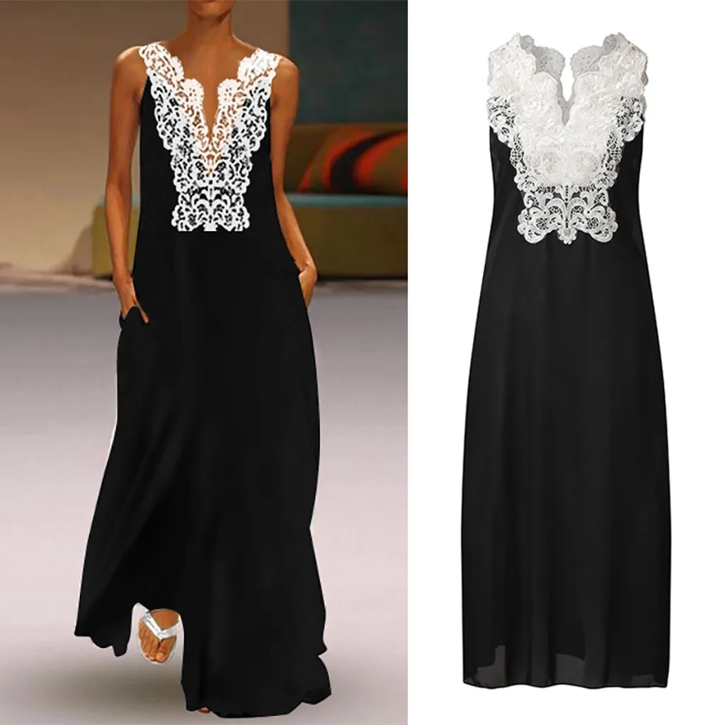 Women Dress Summer 2019 Vintage V Neck Splicing Sleeveless Lace Hollow Loose Long Boho Maxi Vestido robe Plus Size | Женская одежда