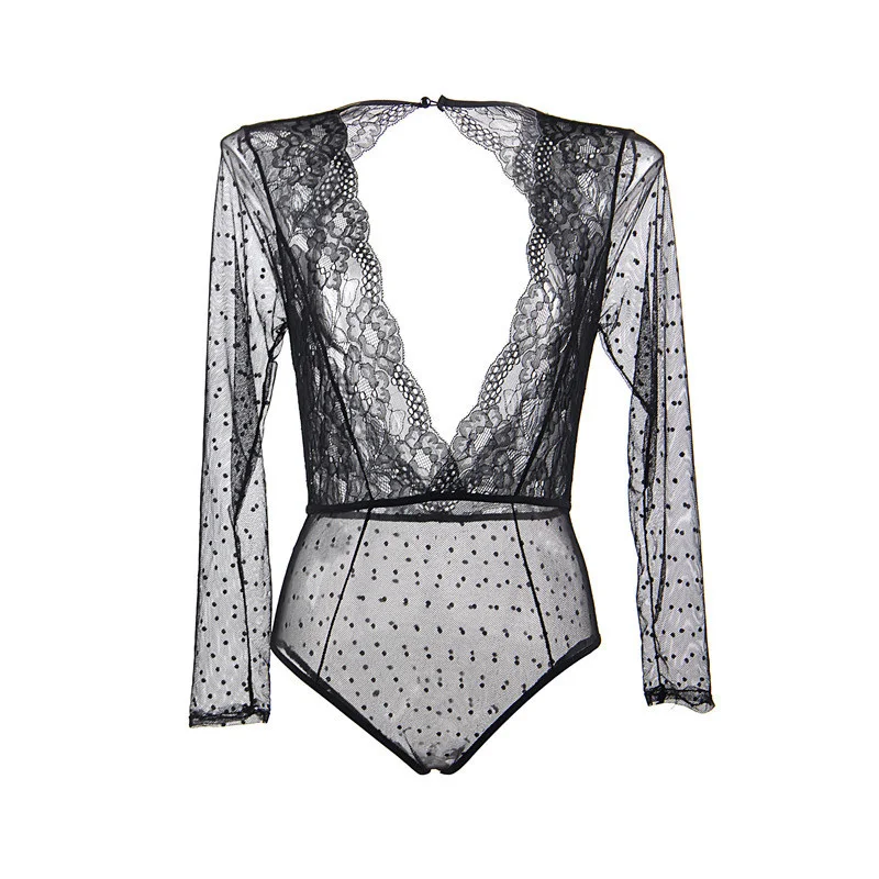black teddy lingerie Прозрачный Кружевной Костюм для детей плюшевый Для женщин с длинным рукавом и глубоким v-образным вырезом на спине прозрачный горячий сетчатый корпус сексуальное женское белье боди большие Размеры R80776 - Цвет: black teddy lingerie