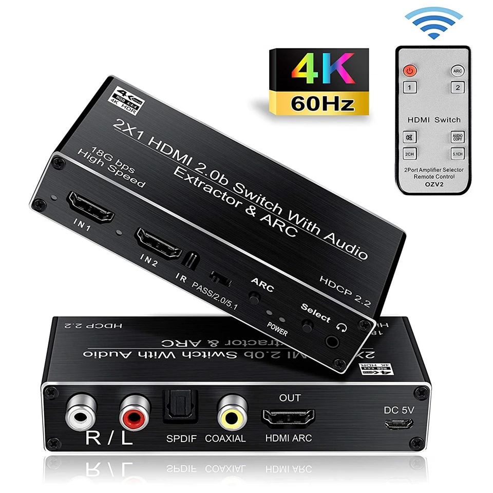 

2020 2x1 HDMI 2.0 Switch 4K HDMI Switch 2 Port HDMI Switch Remote 4K Support ARC & Toslink Optical 4K 60Hz Switcher HDMI 2.0