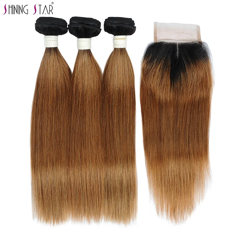 Shining Star Hair 3 Ombre Bundles With Closure 1B 30 Gold Blonde Human Peruvian Straight Non Remy | Шиньоны и парики