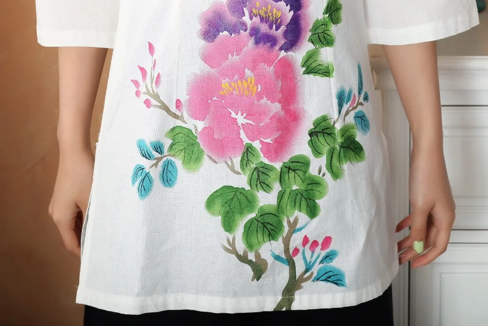

National Chinese Summer Tops Women Linen Cotton Blouse T-Shirt Size to 3XL