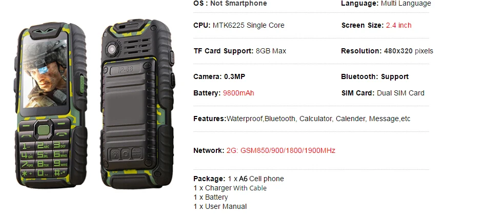 Guophone A6 9800mAH power Bank мобильный телефон 2," 0.3MP камера с английским или фонариком и русской клавиатурой сотовые телефоны