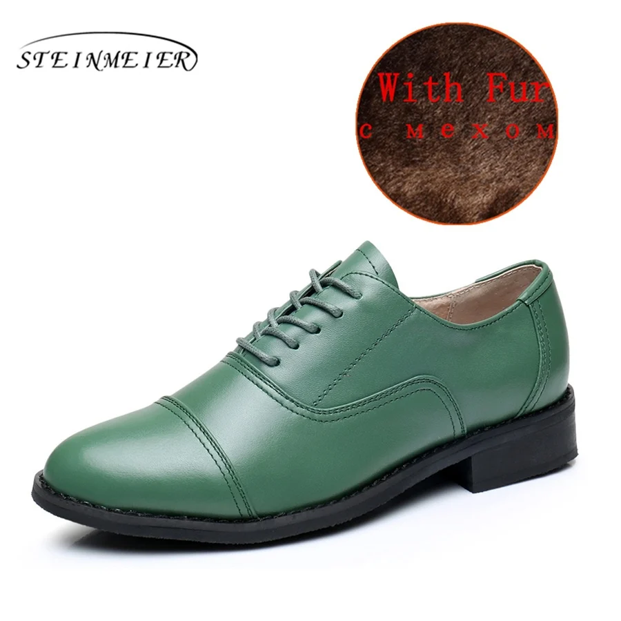 green with fur Женские дизайнерские винтажные туфли на плоской подошве из натуральной кожи американского размера 11 женские туфли-оксфорды ручной работы с круглым носком на меху красного, зеленого, синего, черного цвета - Цвет: green with fur